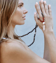 mala beads, mala necklace, red agate, green sandalwood